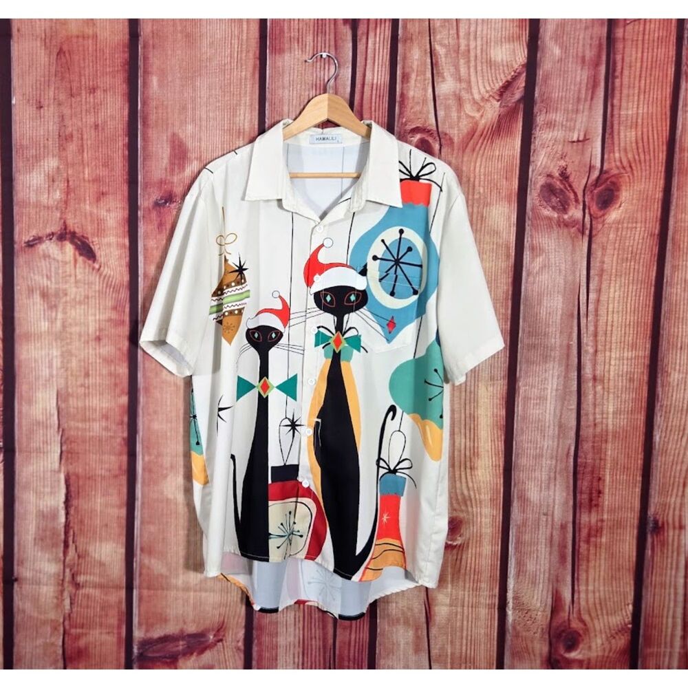 Mens Hawalili Retro Style Cat Christmas Print Shirt L